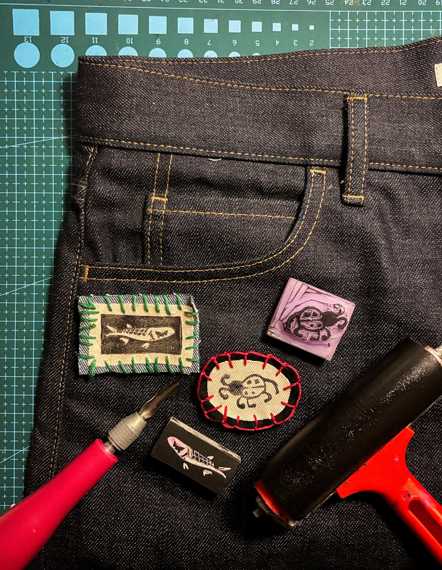 🌍Printmaking: Carve, Print & Stitch: Upcycling fabric scraps into wearable art - .انحت، اطبع و خيط